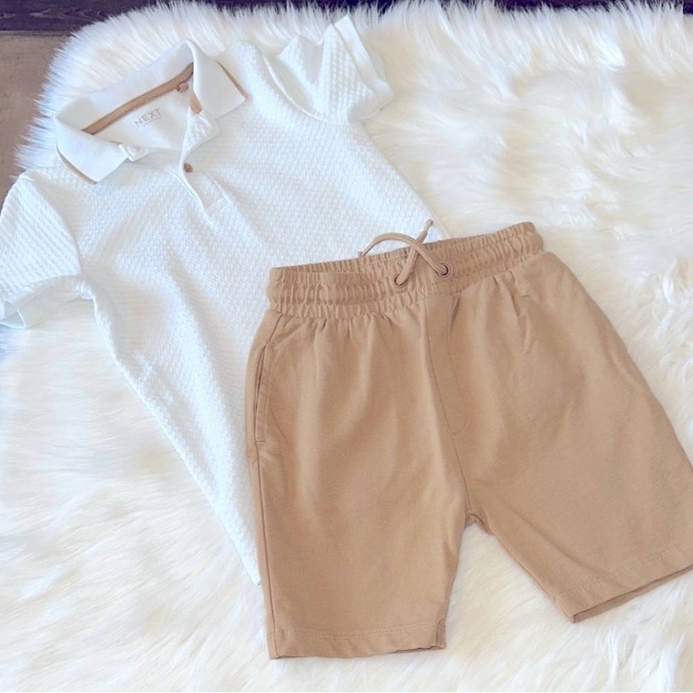 Next Cream Polo Shirt and Brown Shorts Set